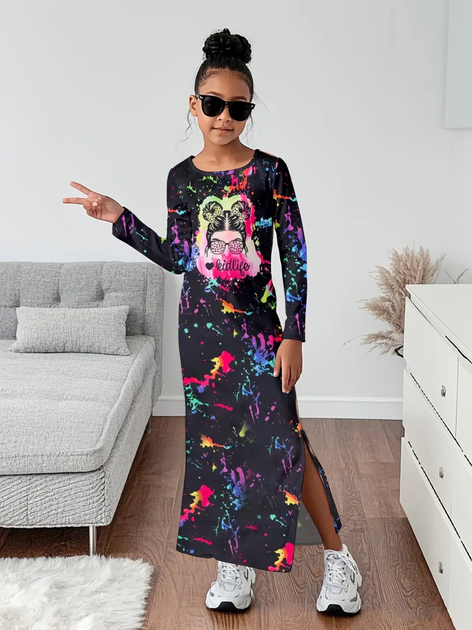 Girls Tie Dye Cartoon Long Sleeve Dress with Side Slit