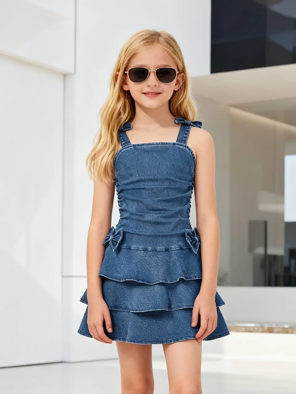 Girls Denim Cami Tiered Dress with Bow Detail