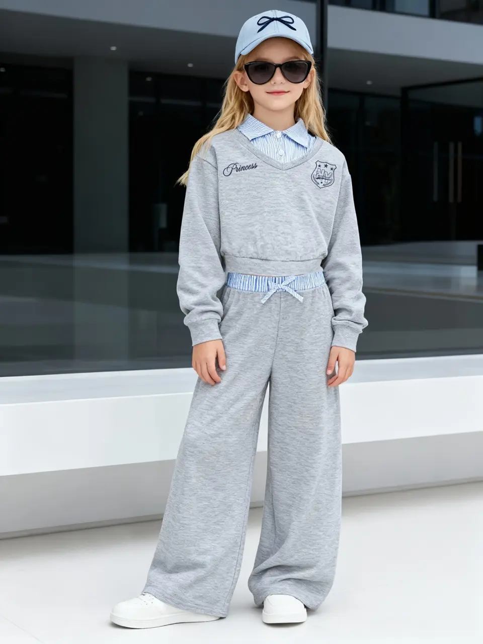 Girls Collared Sweatshirt and Wide Leg Pants Set