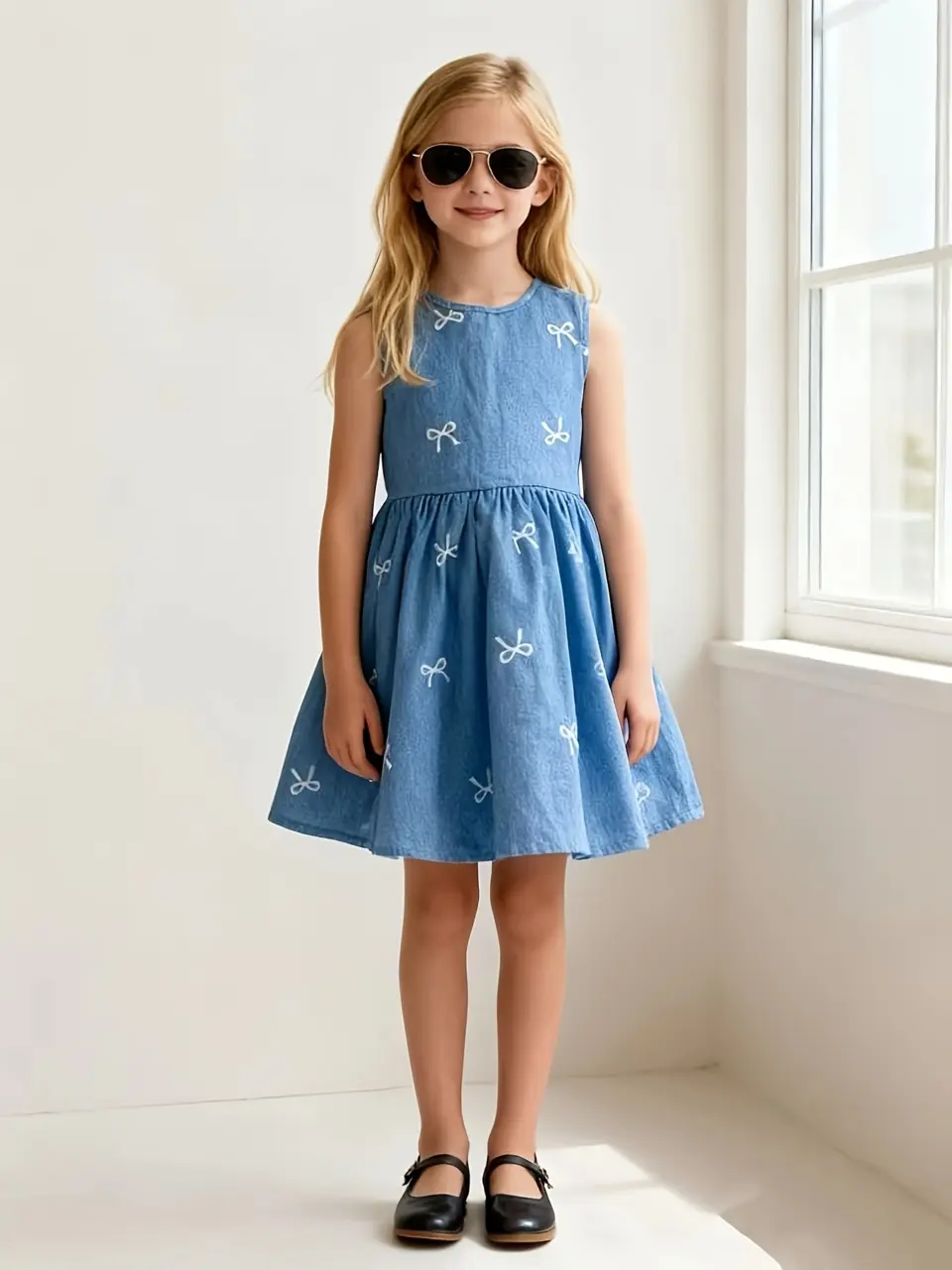 Girls Faux Denim Bow Print Sleeveless Dress