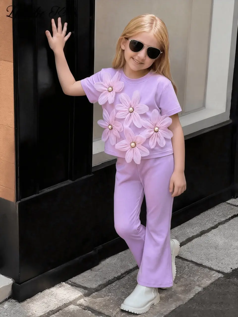Girls Pearl Flower Tee and Flare Pants Set