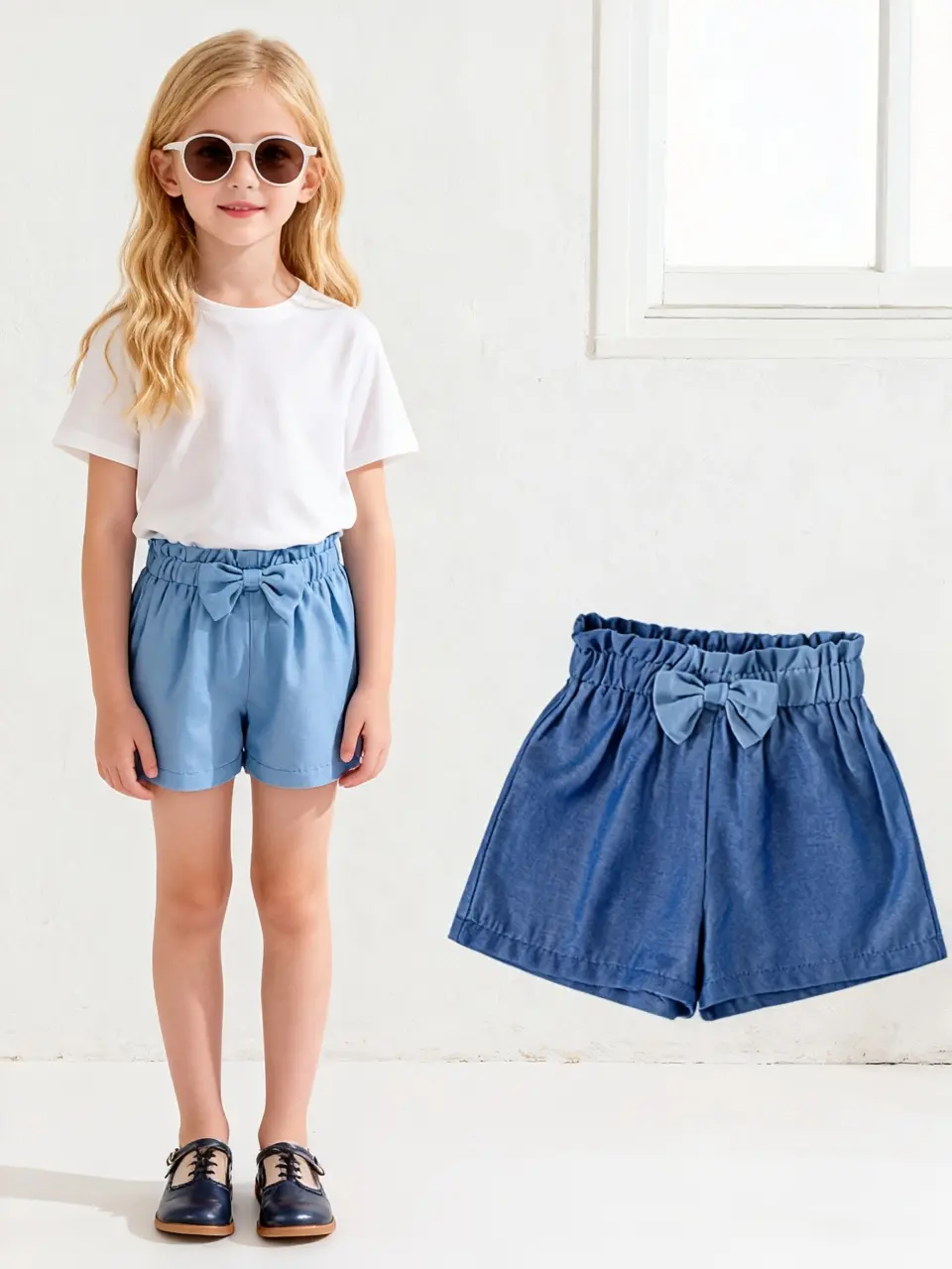 Girls Bow Waist Wide Leg Shorts Set