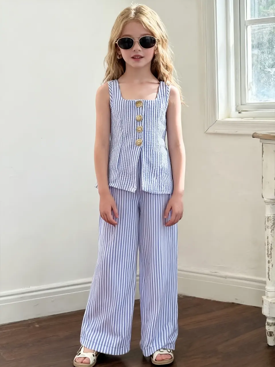 Girls Striped Button Vest and Wide Leg Pants Set