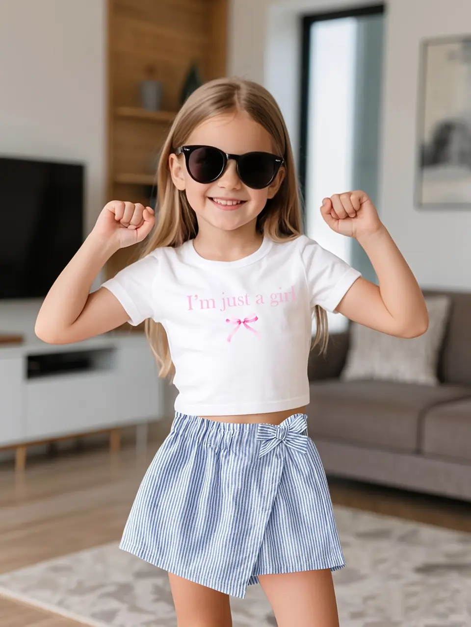 Girls Bow Print Tee and Blue Stripe Skort Set