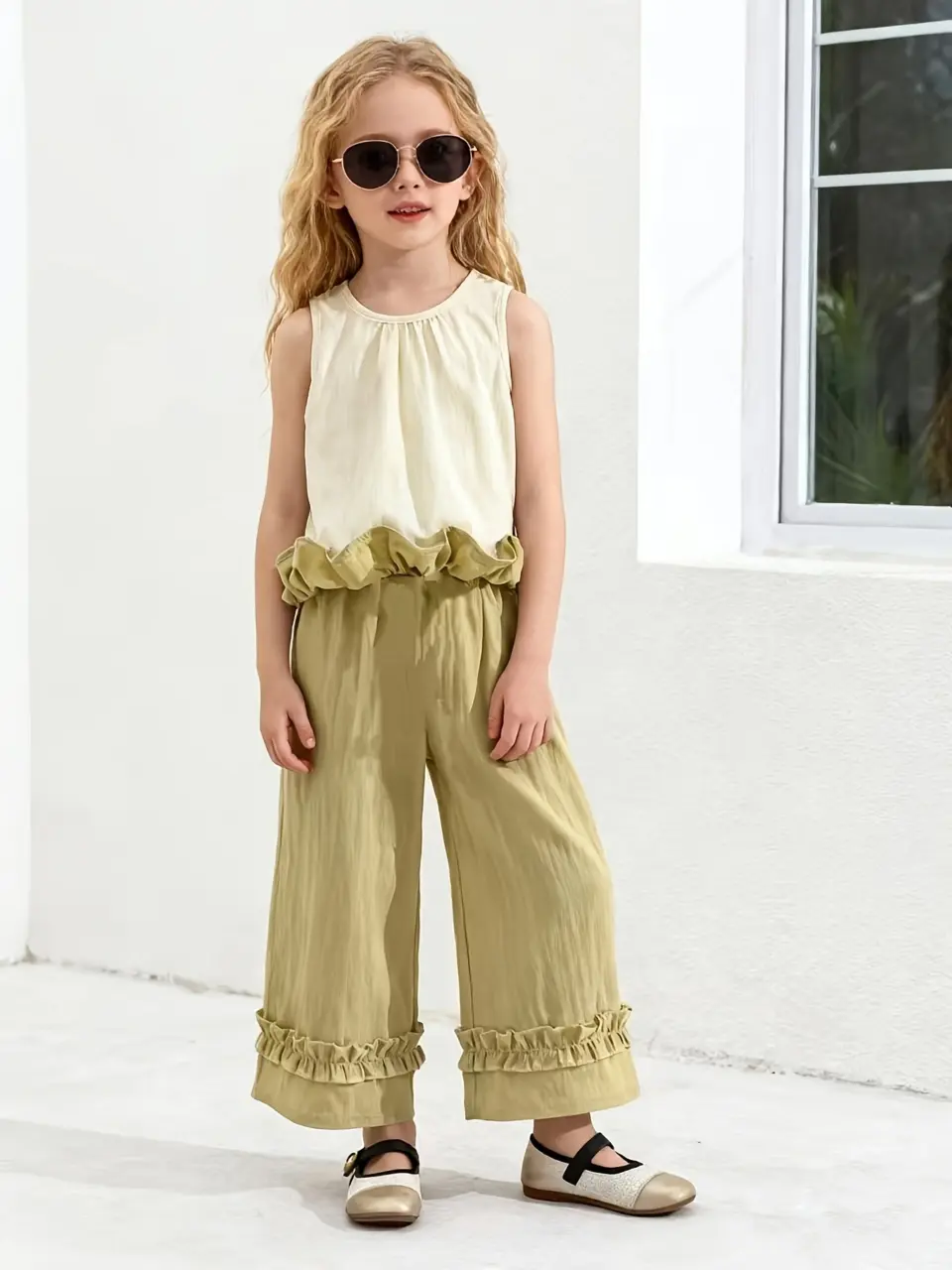 Girls Contrast Ruffle Tank and Wide Leg Pants Set
