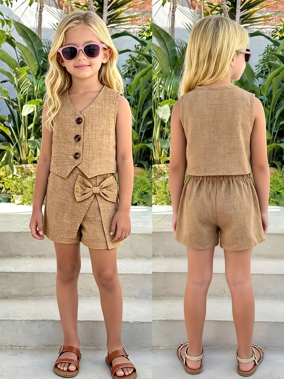 Girls V-Neck Vest and Pleated Skort Set with Bow