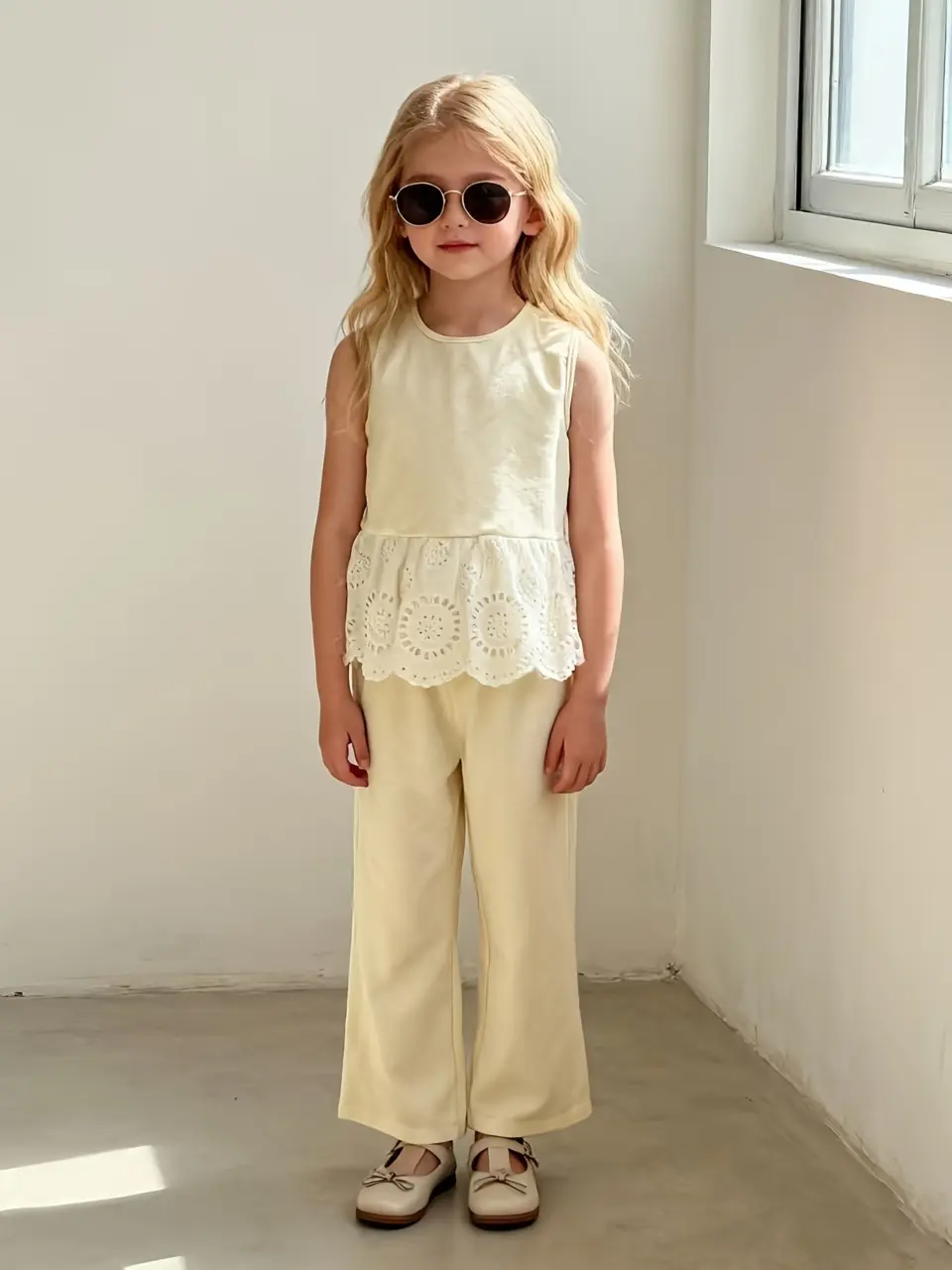 Girls Embroidered Lace Tank and Wide Leg Pants Set
