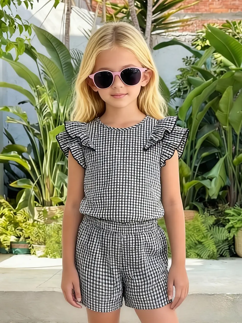 Girls Plaid Flutter Sleeve Top and Wide Leg Shorts Set
