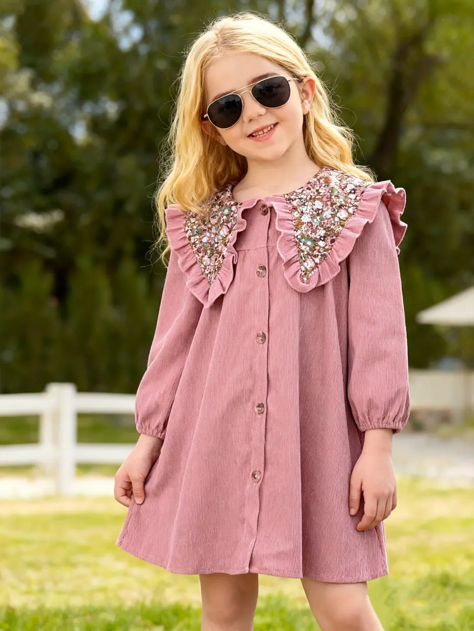 Girls Floral Ruffle Puff Sleeve Dress