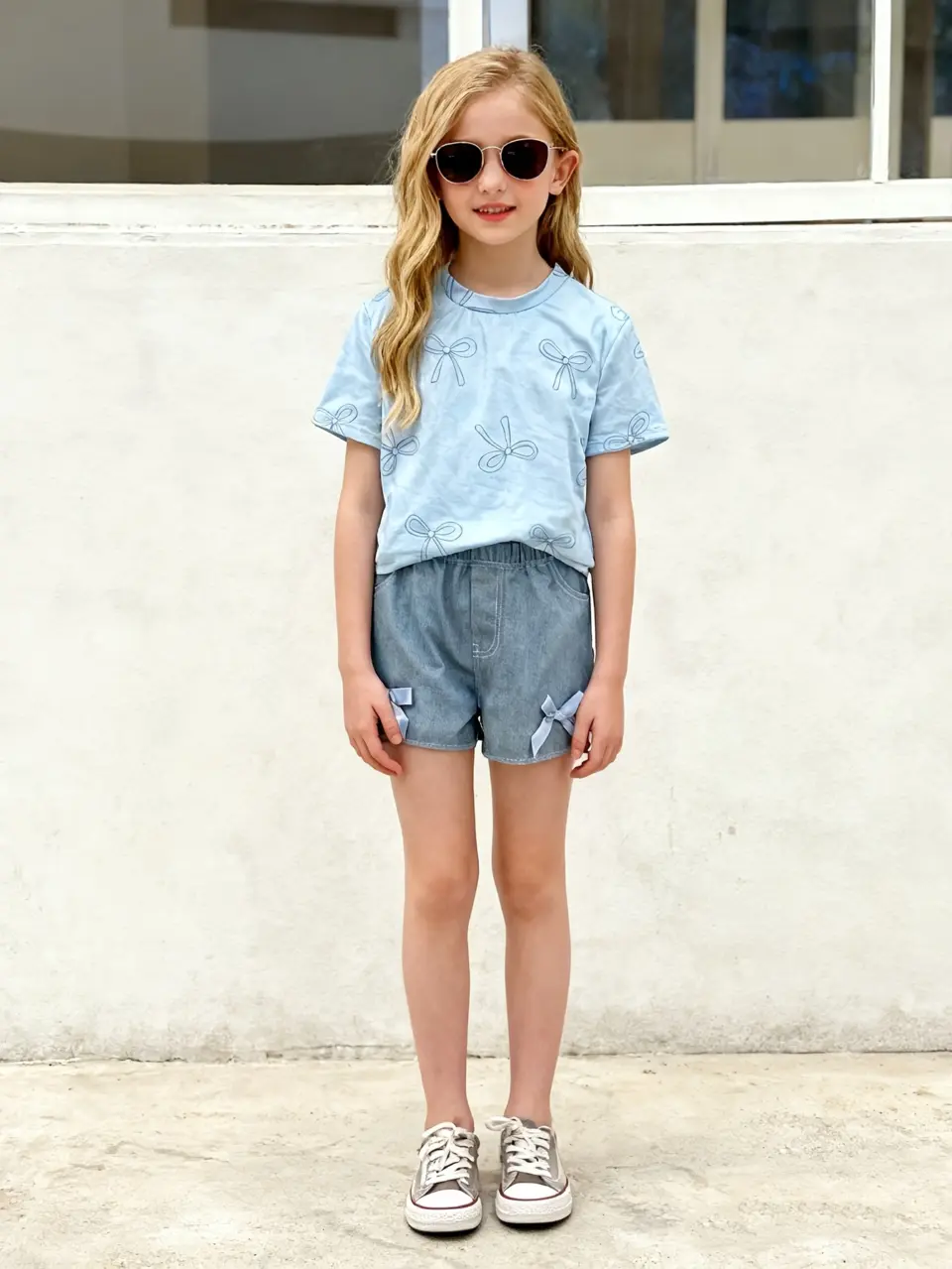 Girls Bow Print Tee and Denim Bow Shorts Set