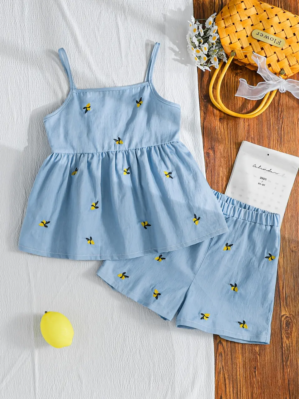 Girls Denim Floral Embroidered Cami Top and Wide Leg Shorts Set