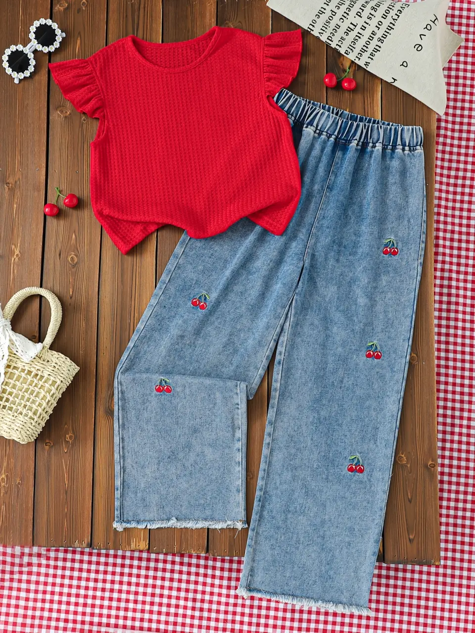 Girls Ruffle Tank and Denim Wide Leg Pants Set