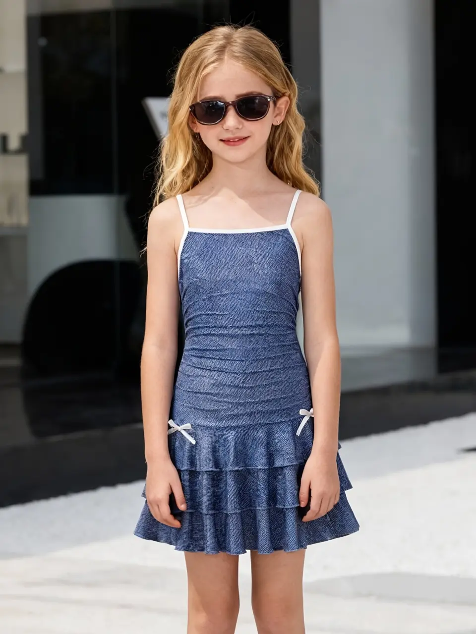 Girls Faux Denim Bow Print Ruffle Cami Dress