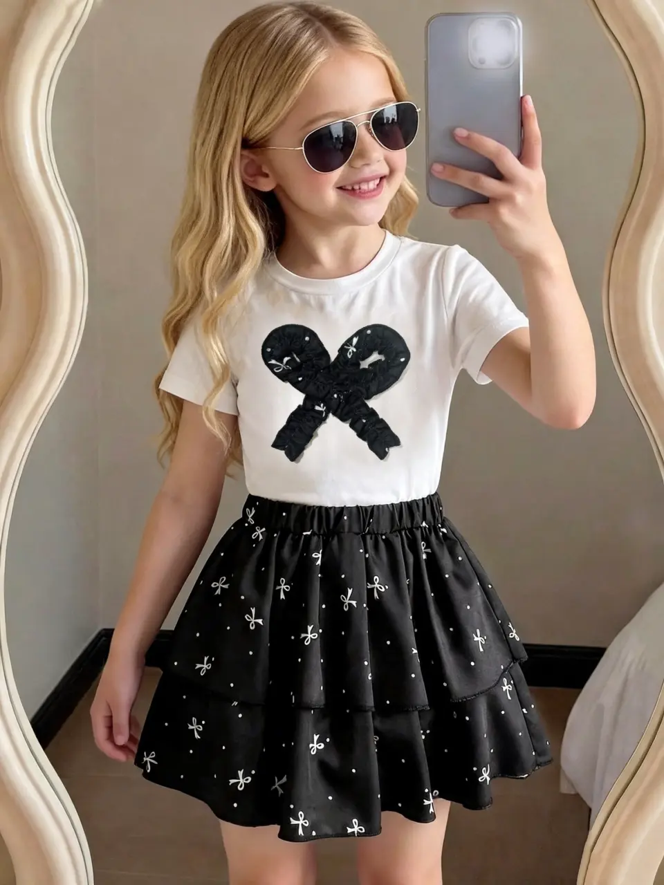 Girls Bow Detail Tee and Tiered Ruffle Skirt Set