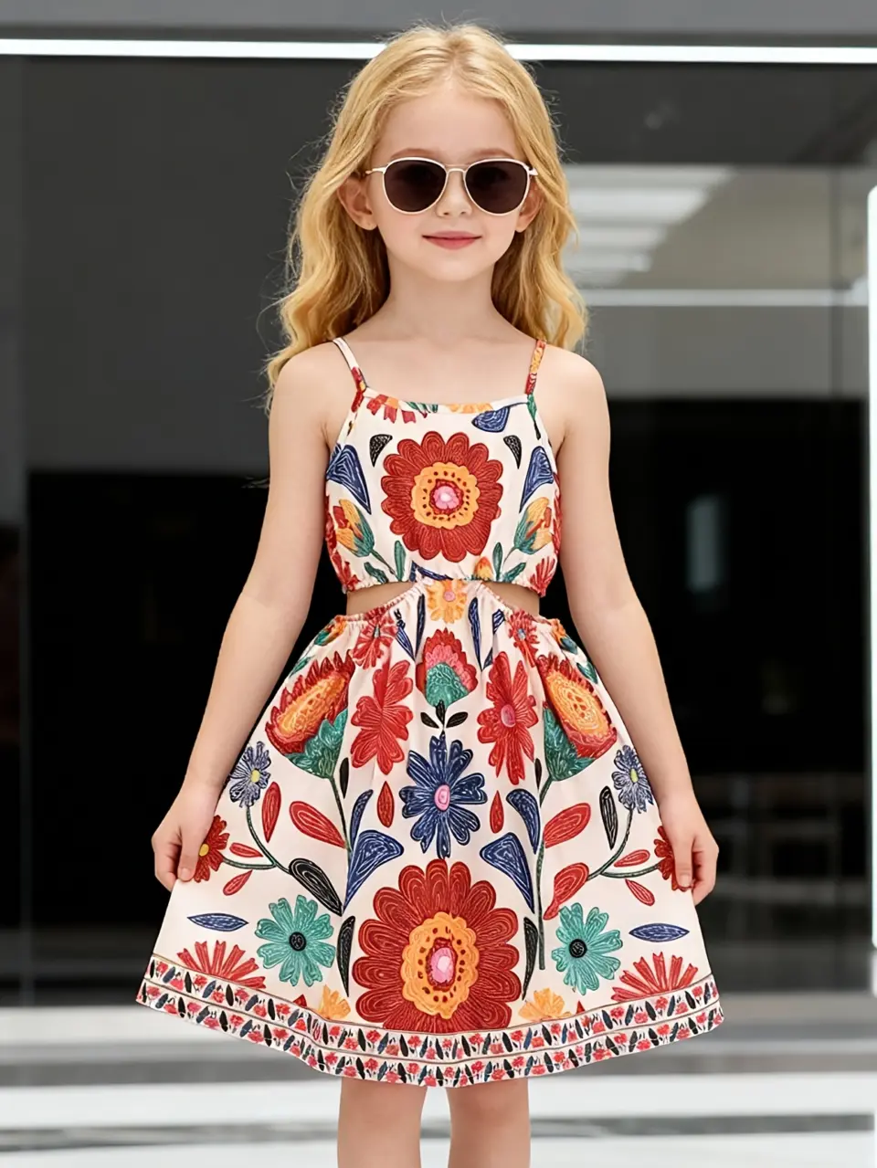Girls Colorful Floral Cutout Waist Cami Dress