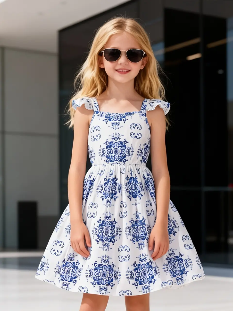 Girls Blue Floral Flutter Sleeve Dress