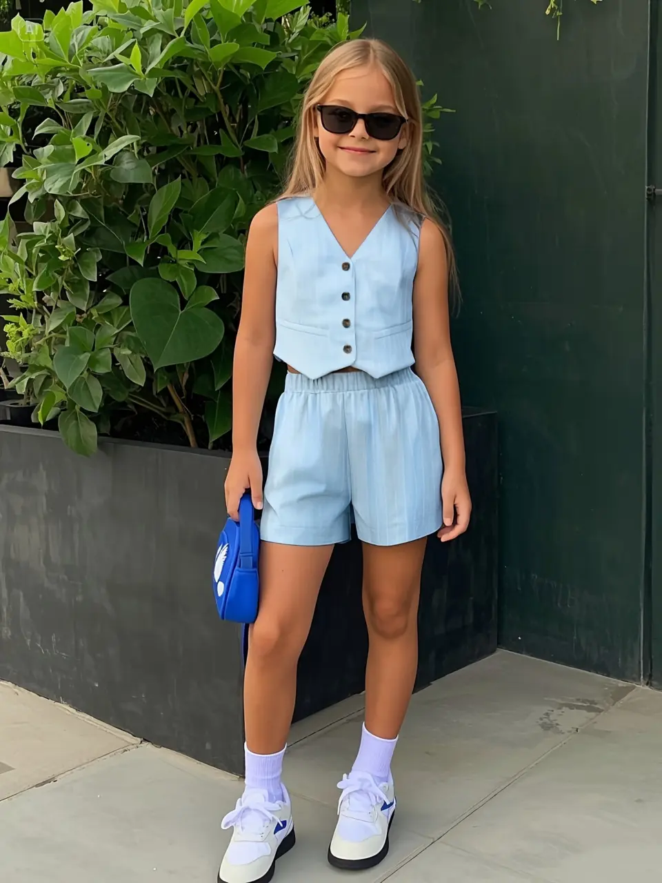 Girls Button Vest and Wide Leg Shorts Set
