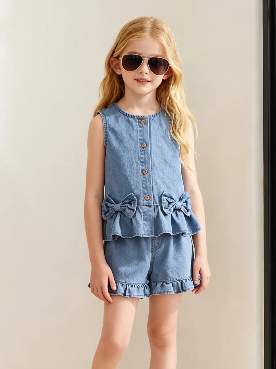 Girls Denim Bow Button Vest and Wide Leg Pants Set