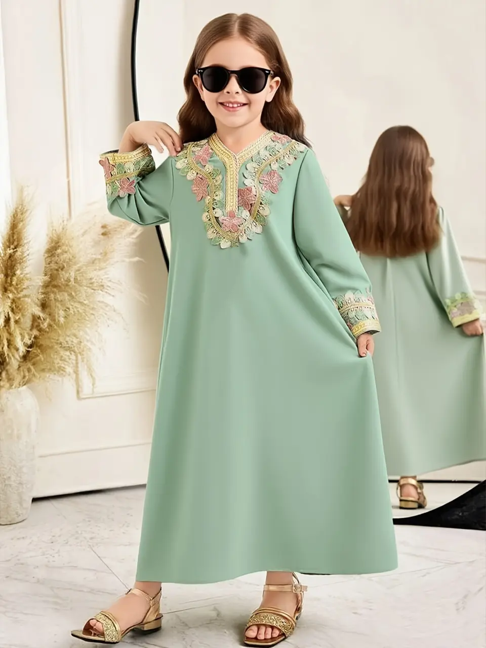 Girls Vintage Embroidered Floral Dress