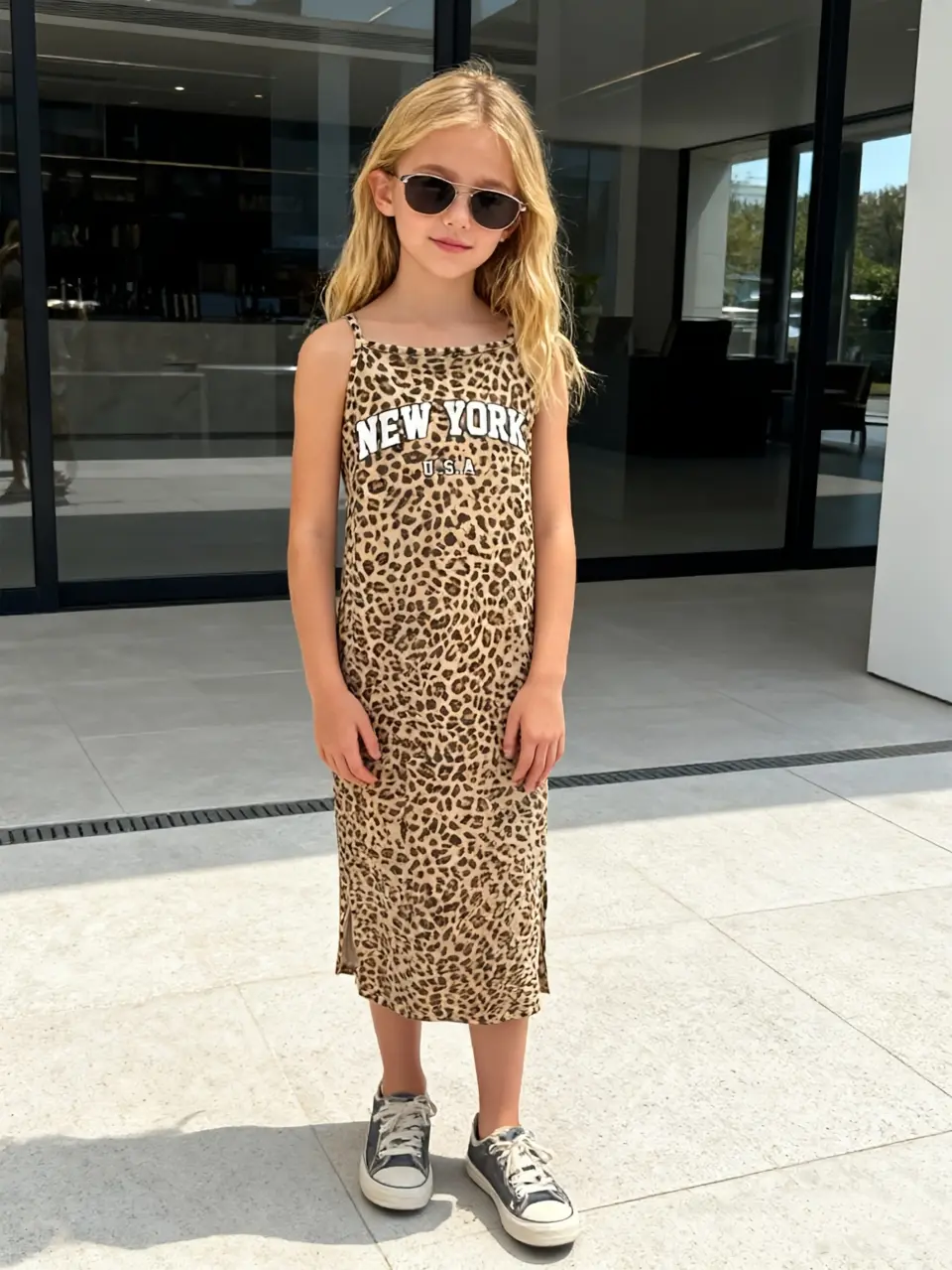 Girls Leopard Letter Print Sleeveless Maxi Dress