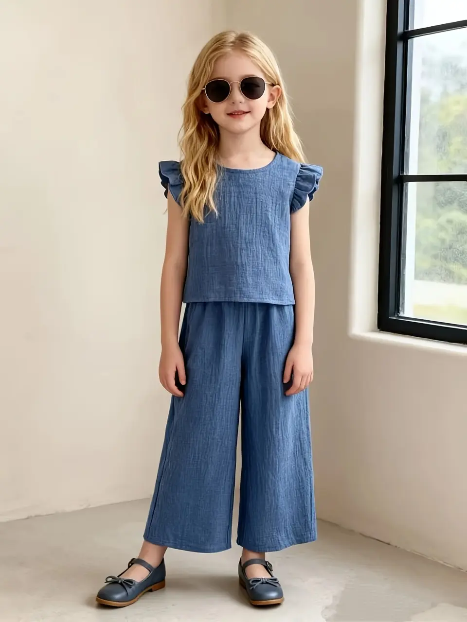 Girls Back Button Tank and Wide Leg Pants Set