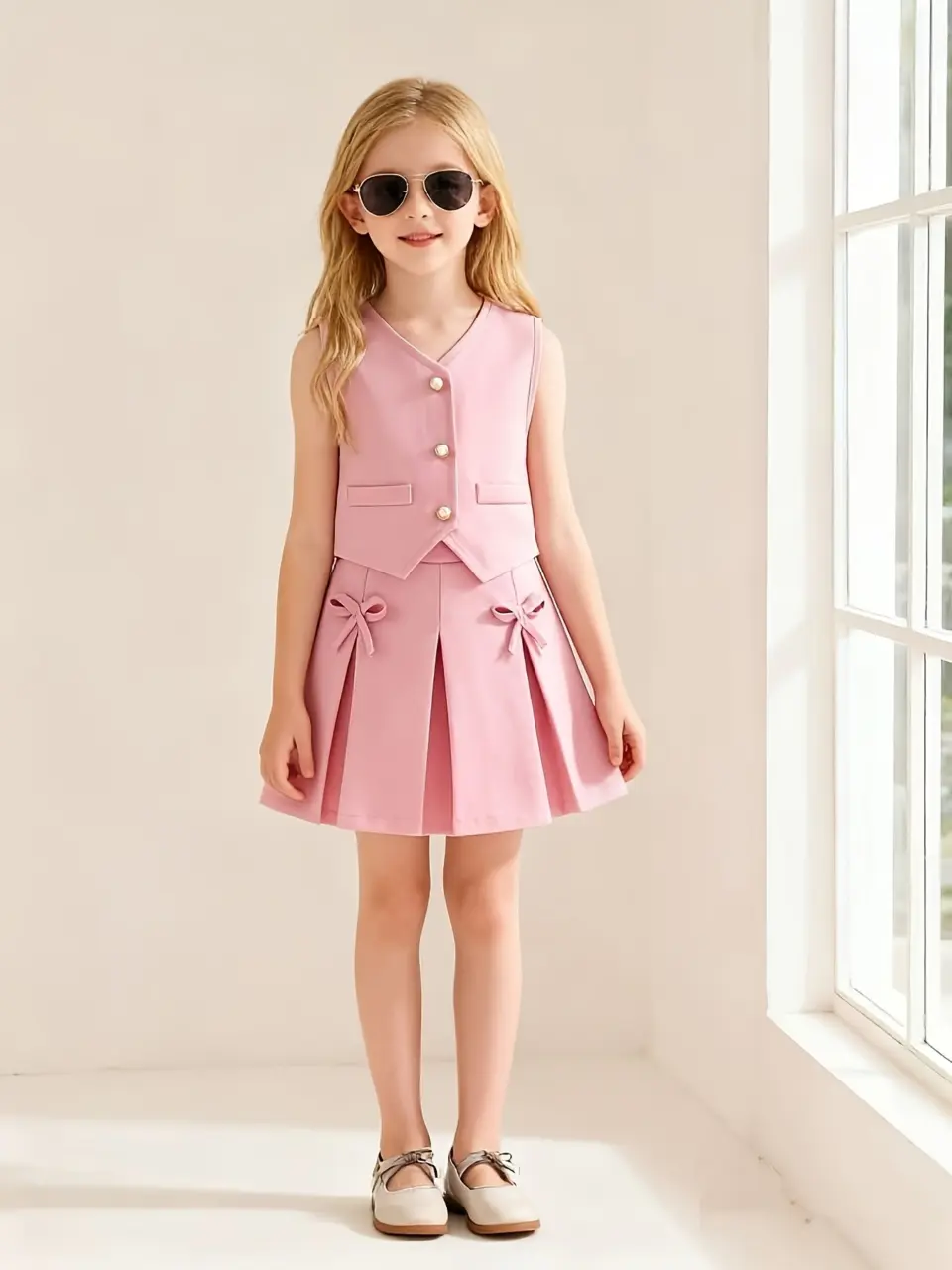 Girls Button Vest and Pleated Skirt Set with Bows
