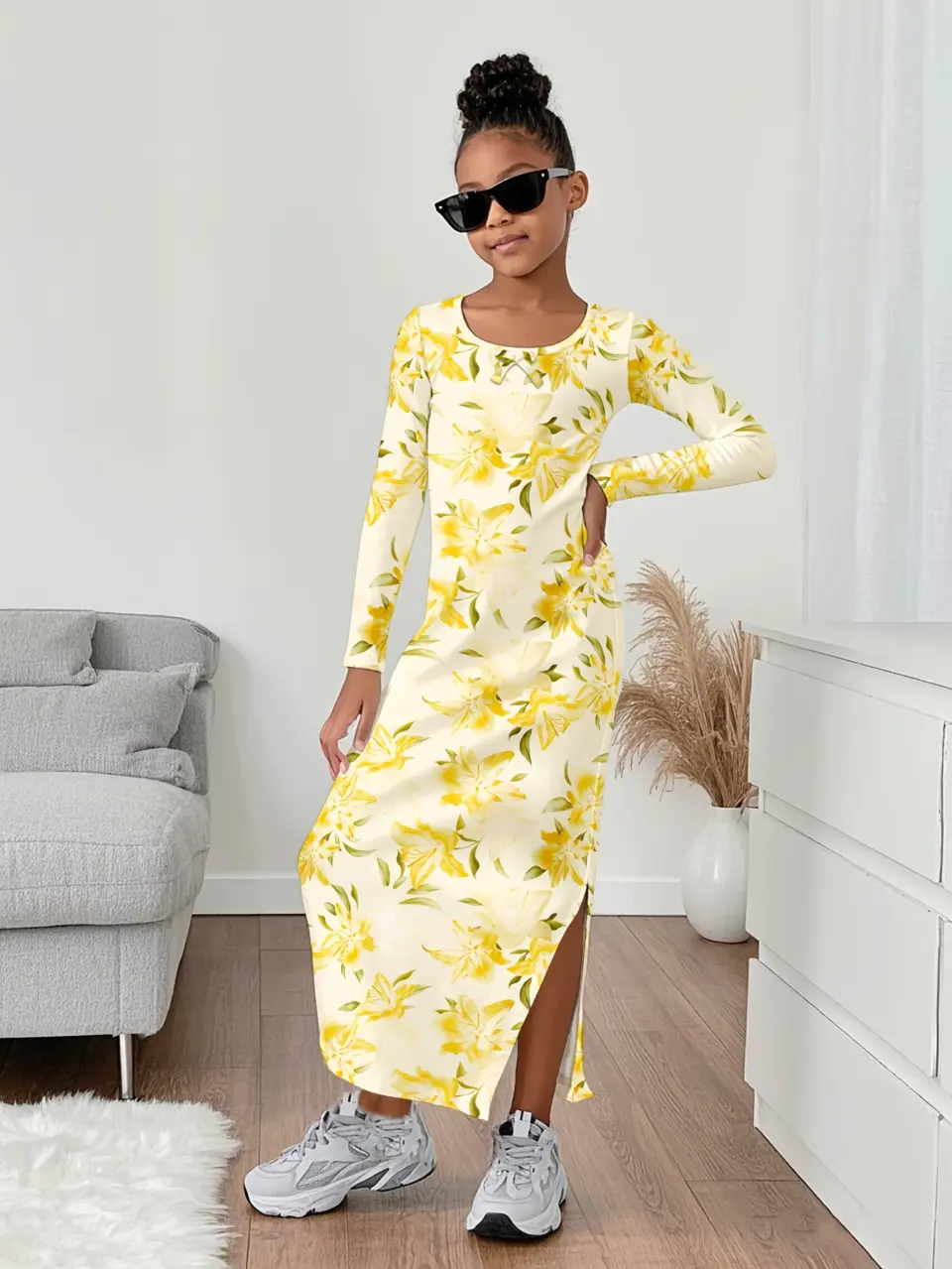 Girls Vintage Floral Long Sleeve Dress with Side Slit