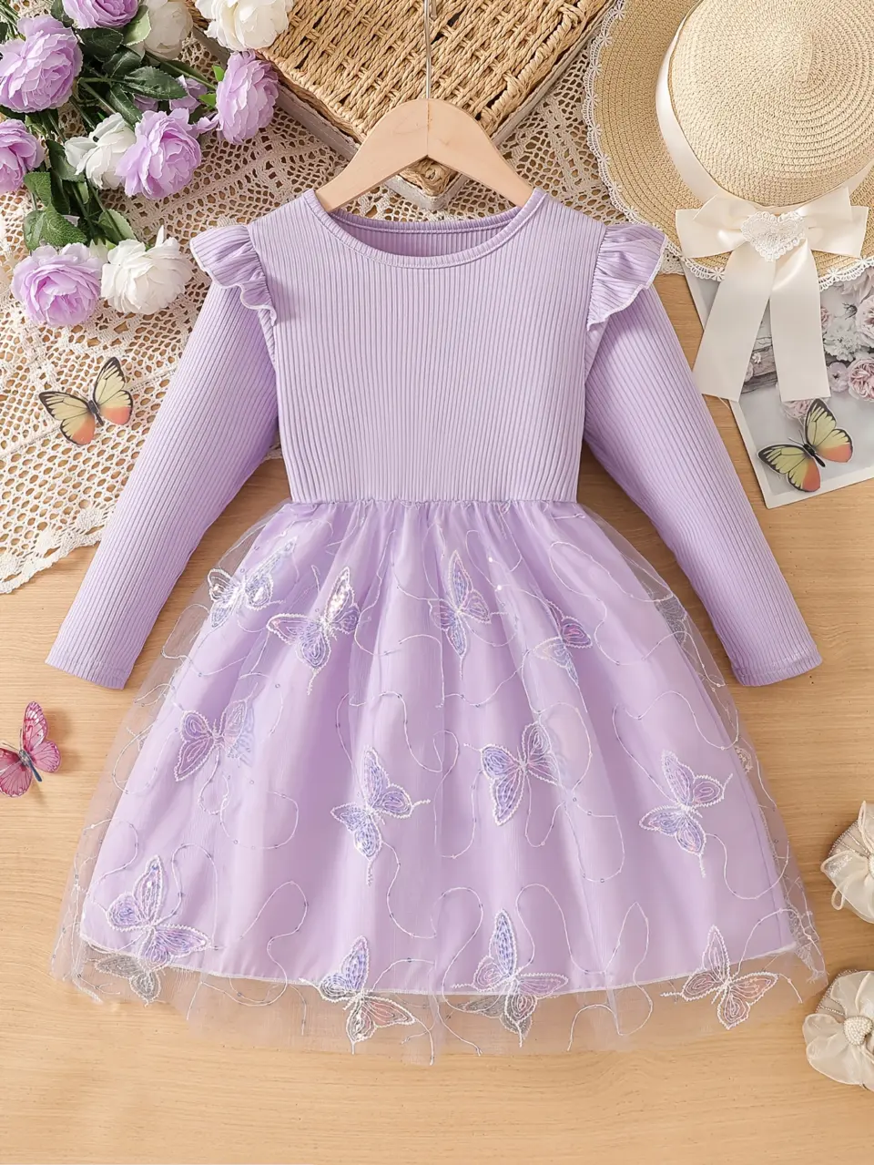 Girls Butterfly Beaded Sequin Tulle Dress