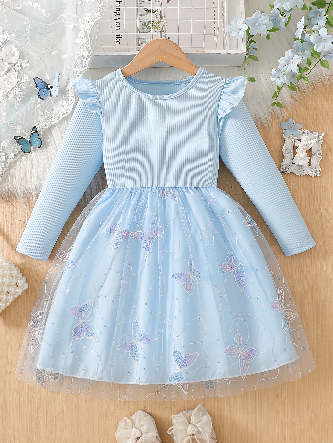 Girls Butterfly Beaded Sequin Tulle Dress - 图片 2