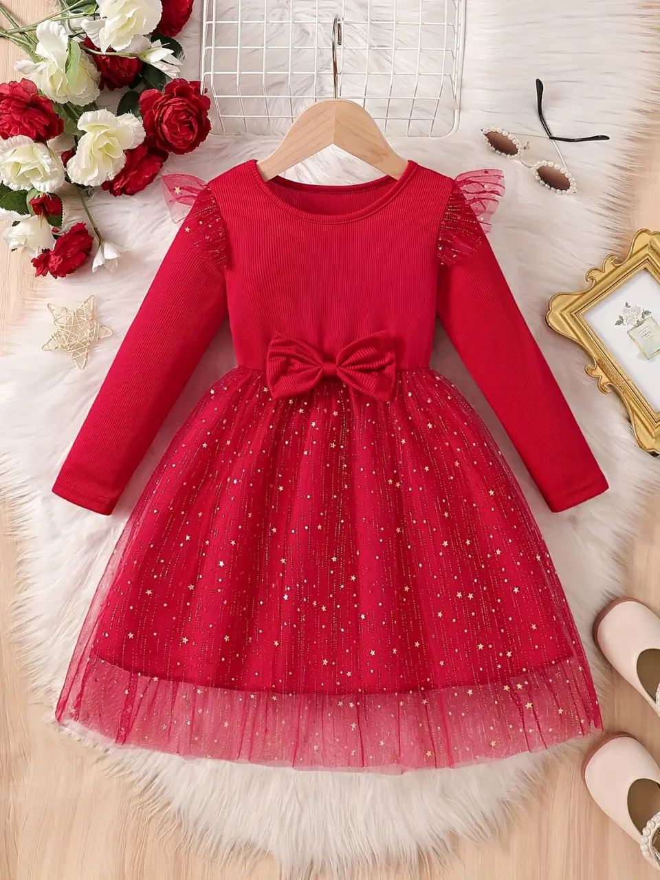 Girls Star Print Long Sleeve Tulle Dress