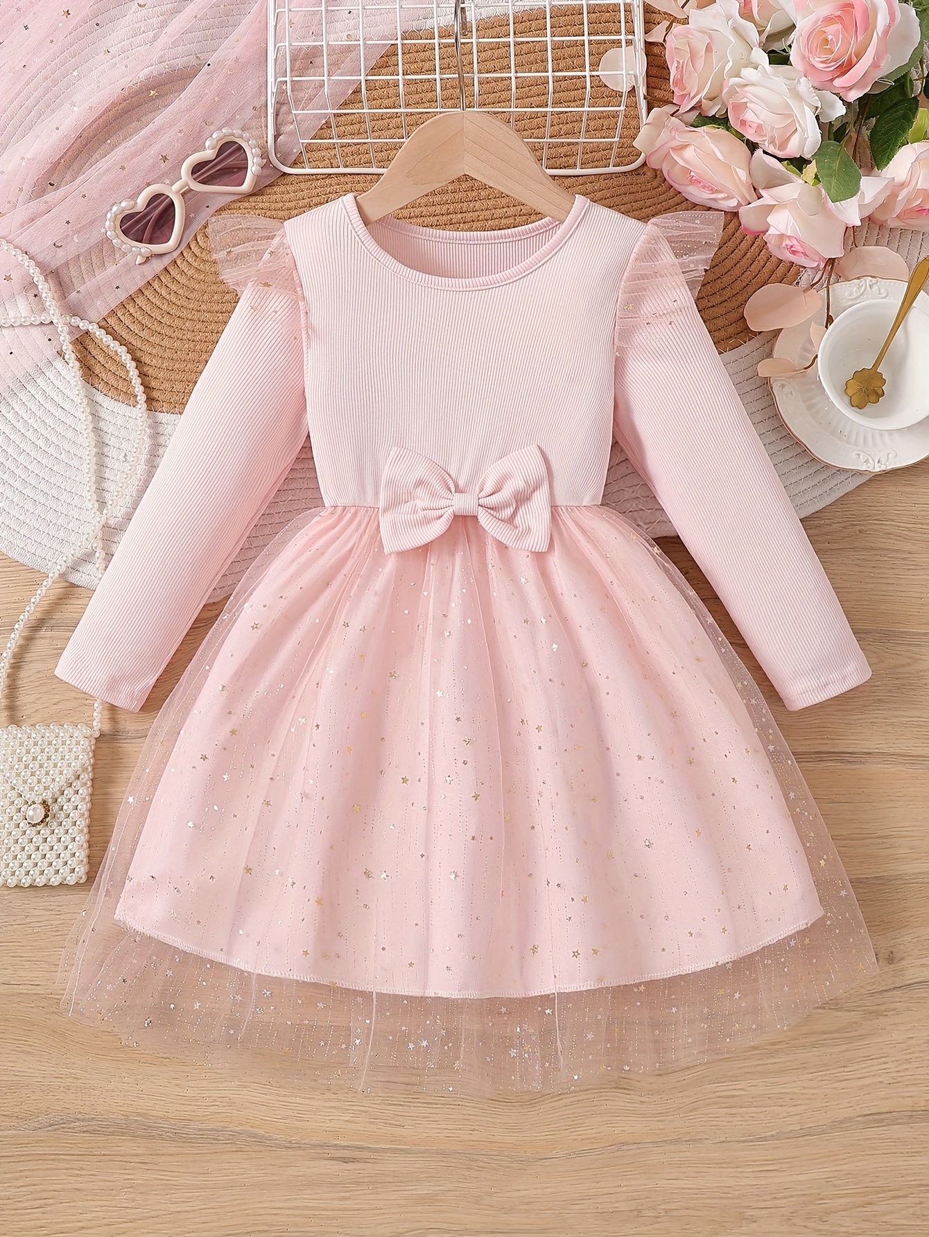 Girls Star Print Long Sleeve Tulle Dress - 图片 2