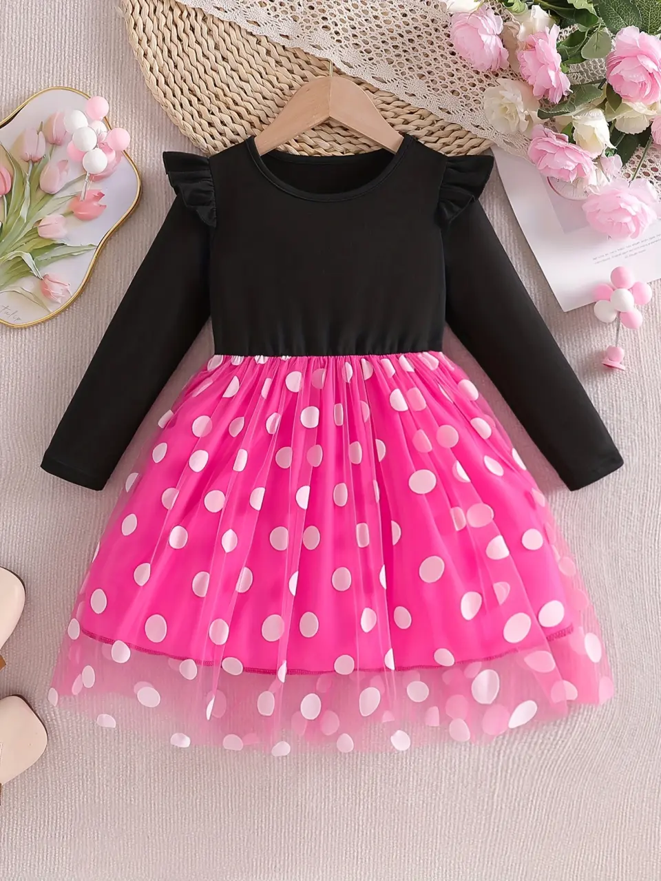 Girls Polka Dot Tulle Princess Dress with Long Sleeves