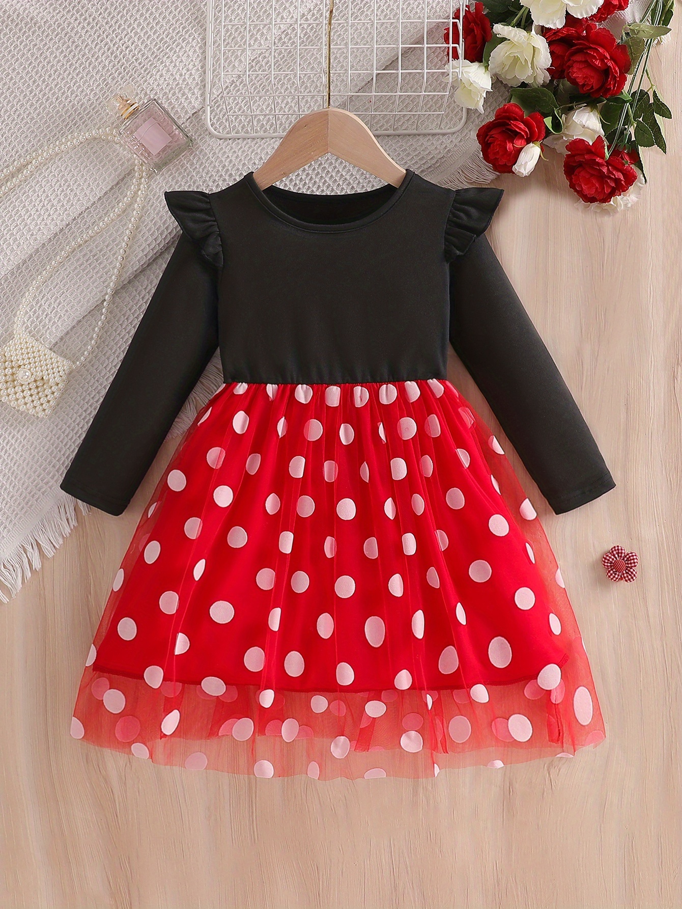 Girls Polka Dot Tulle Princess Dress with Long Sleeves - 图片 2