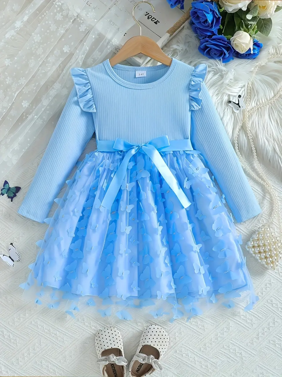 Girls Pink 3D Butterfly Tulle Princess Dress