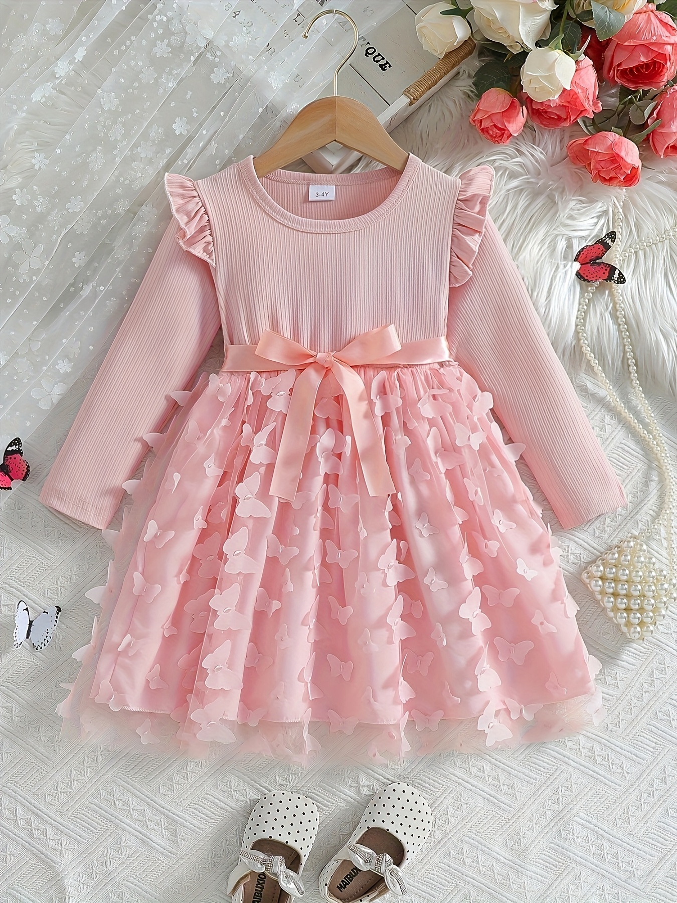 Girls Pink 3D Butterfly Tulle Princess Dress - 图片 4