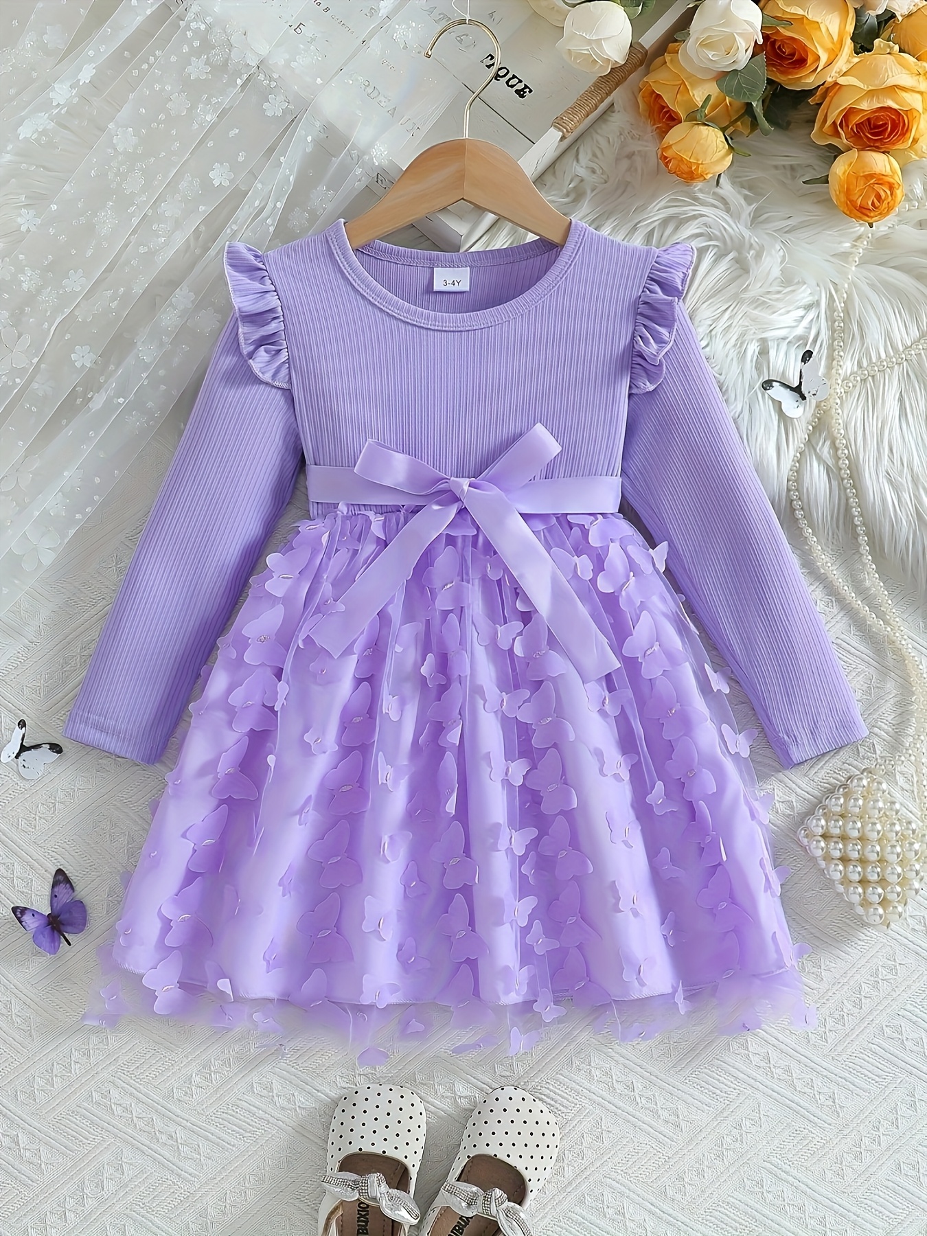 Girls Pink 3D Butterfly Tulle Princess Dress - 图片 2