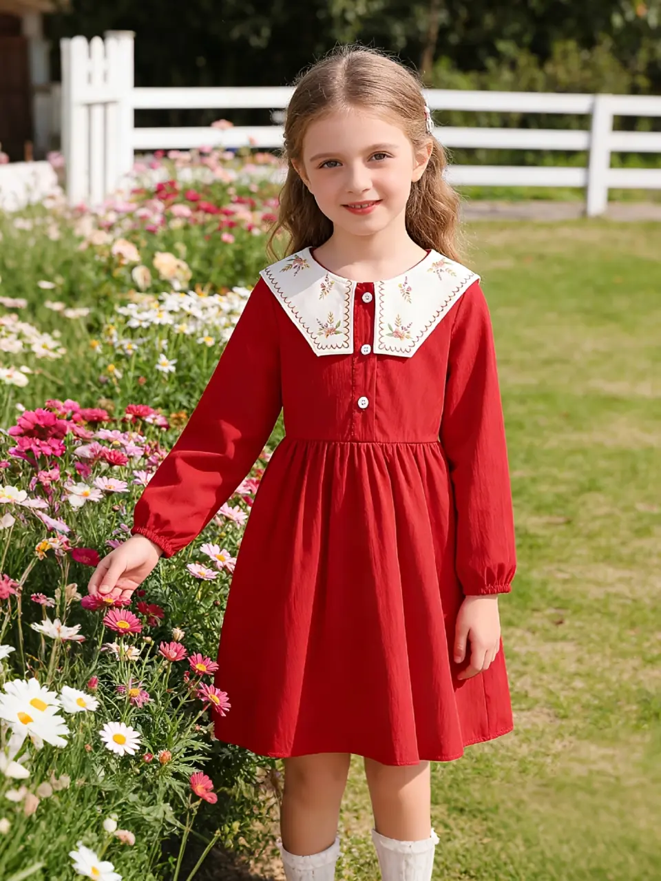 Girls Red Long Sleeve Dress with Lace Collar and Buttons