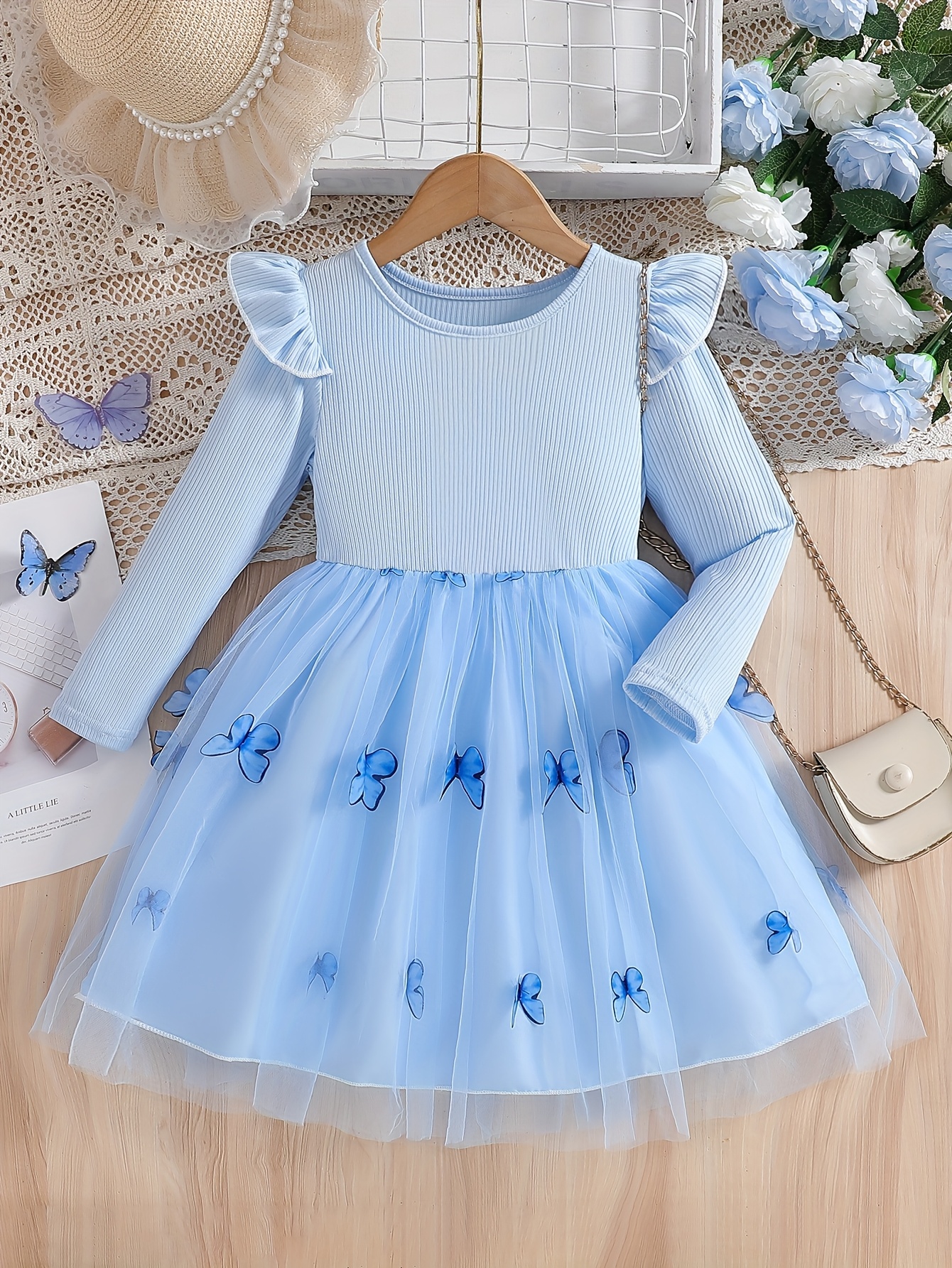 Girls Long Sleeve Butterfly Embroidered Tulle Dress - 图片 2