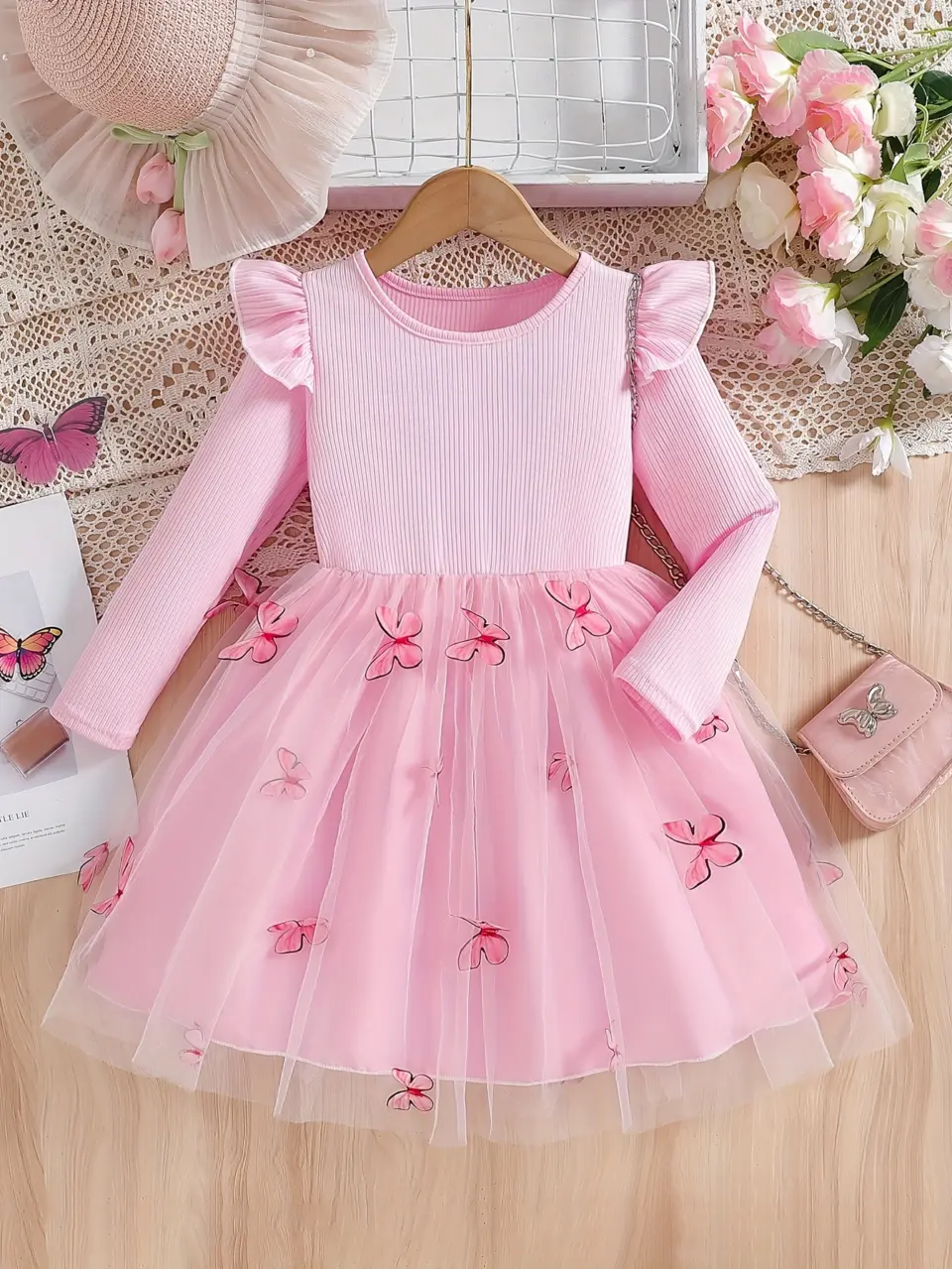 Girls Long Sleeve Butterfly Embroidered Tulle Dress