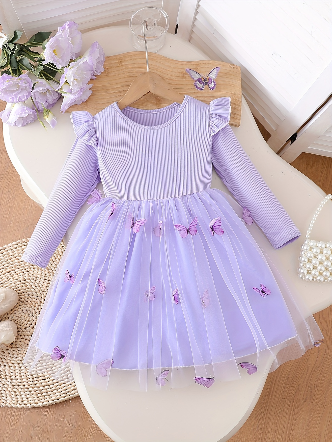 Girls Long Sleeve Butterfly Embroidered Tulle Dress - 图片 3