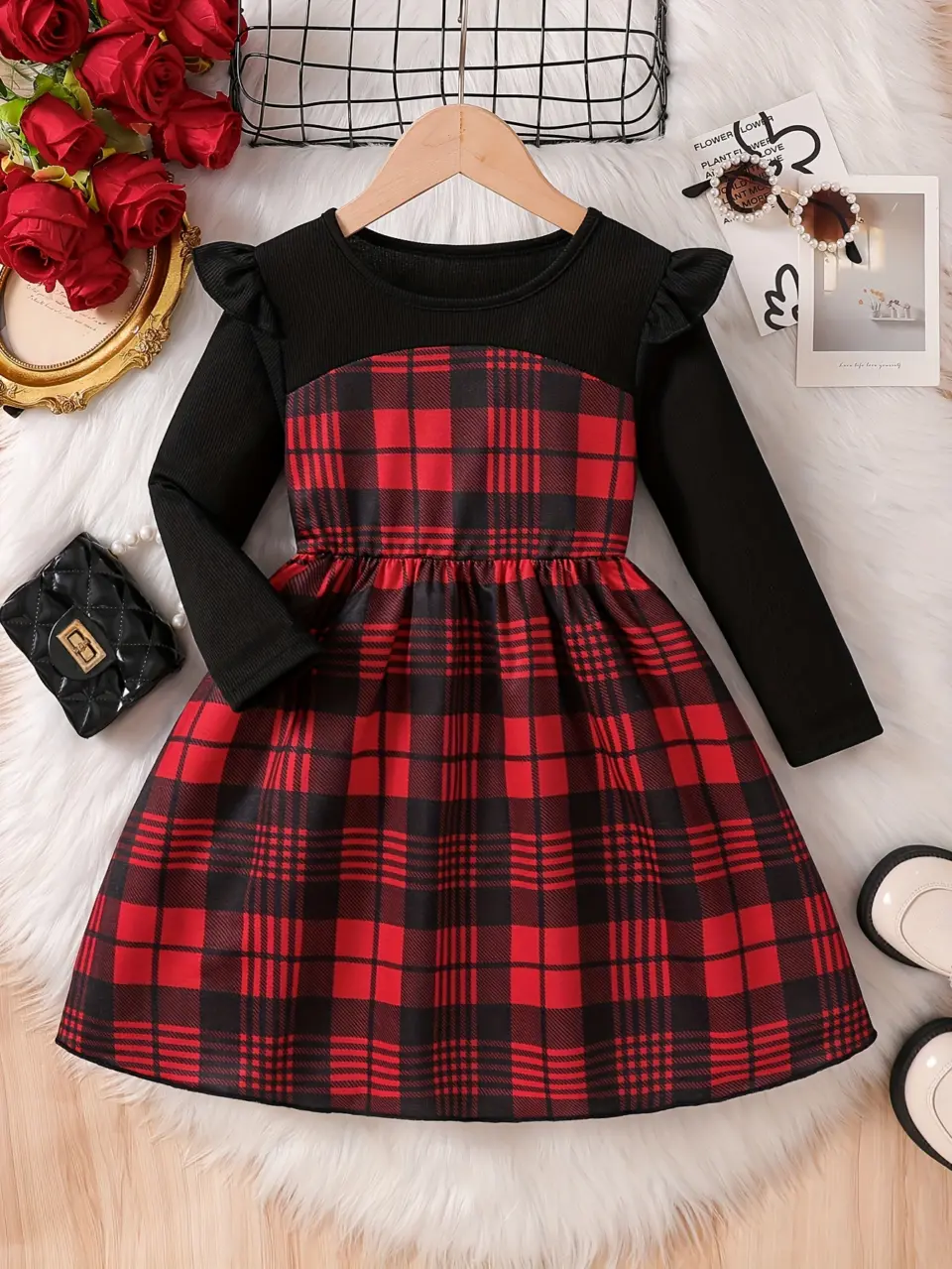 Girls Plaid Panel Long Sleeve Dress