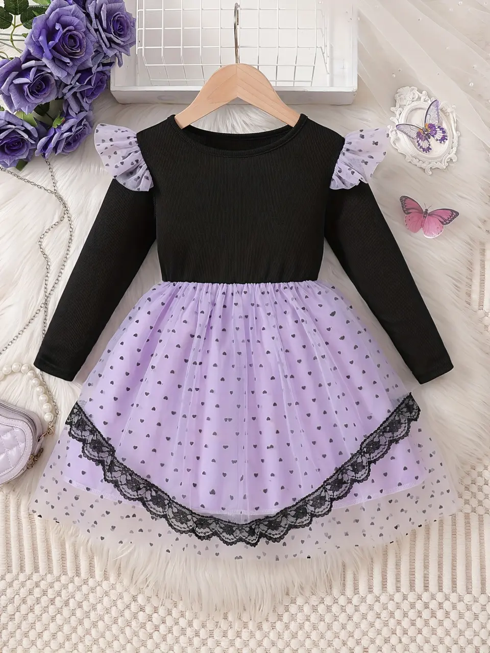 Girls Ribbed Tulle Performance Dress with Lace Detail