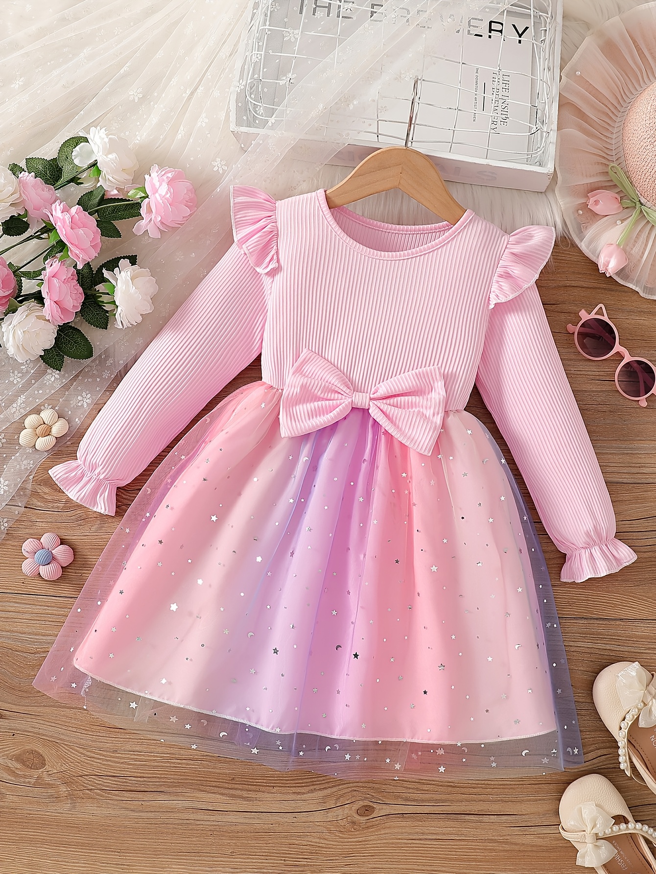 Girls Ribbed Bow Tulle Dress with Gradient Princess Skirt - 图片 2