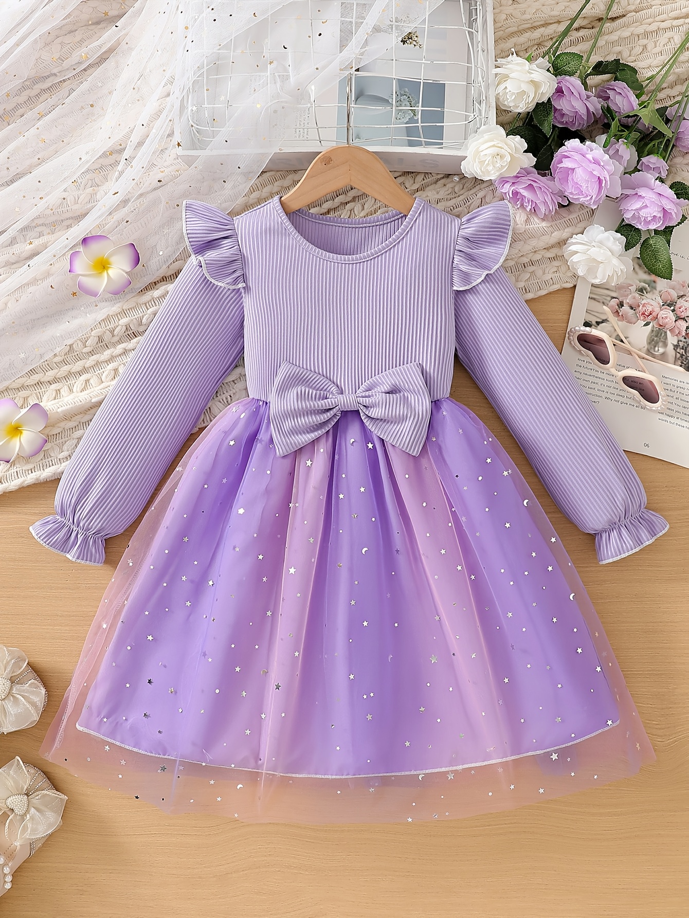 Girls Ribbed Bow Tulle Dress with Gradient Princess Skirt - 图片 3