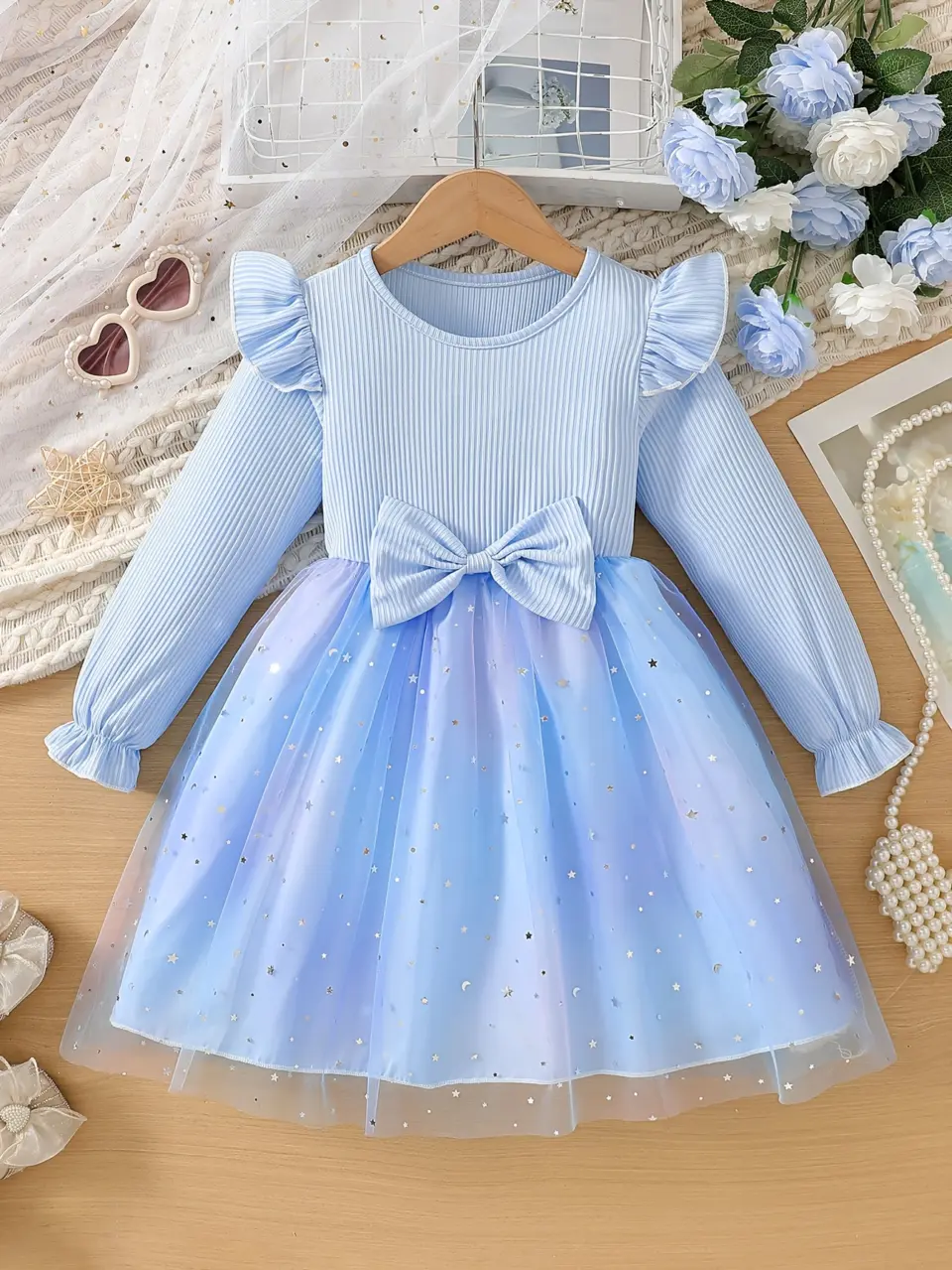 Girls Ribbed Bow Tulle Dress with Gradient Princess Skirt