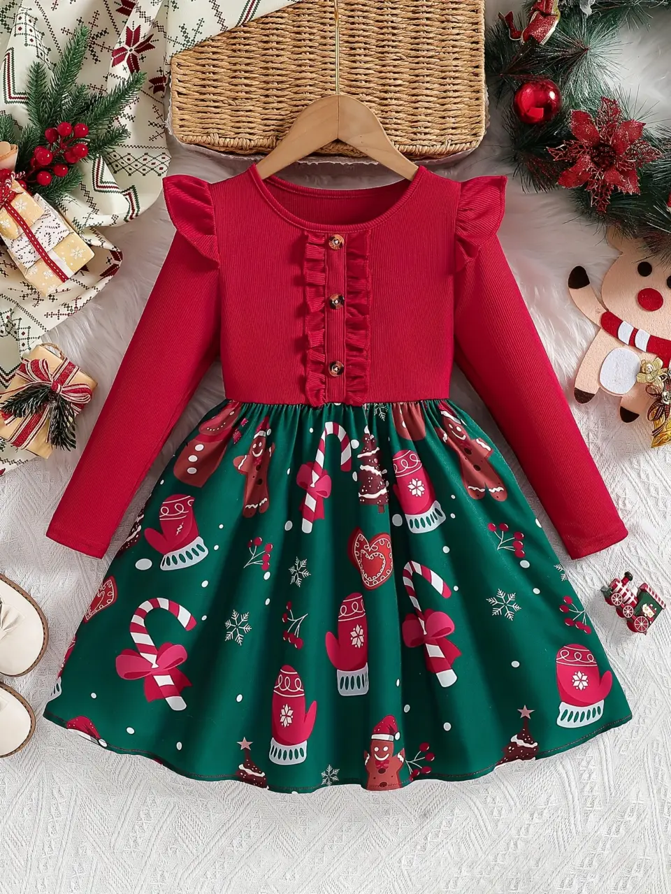 Girls Red Christmas Print Long Sleeve Ribbed Dress