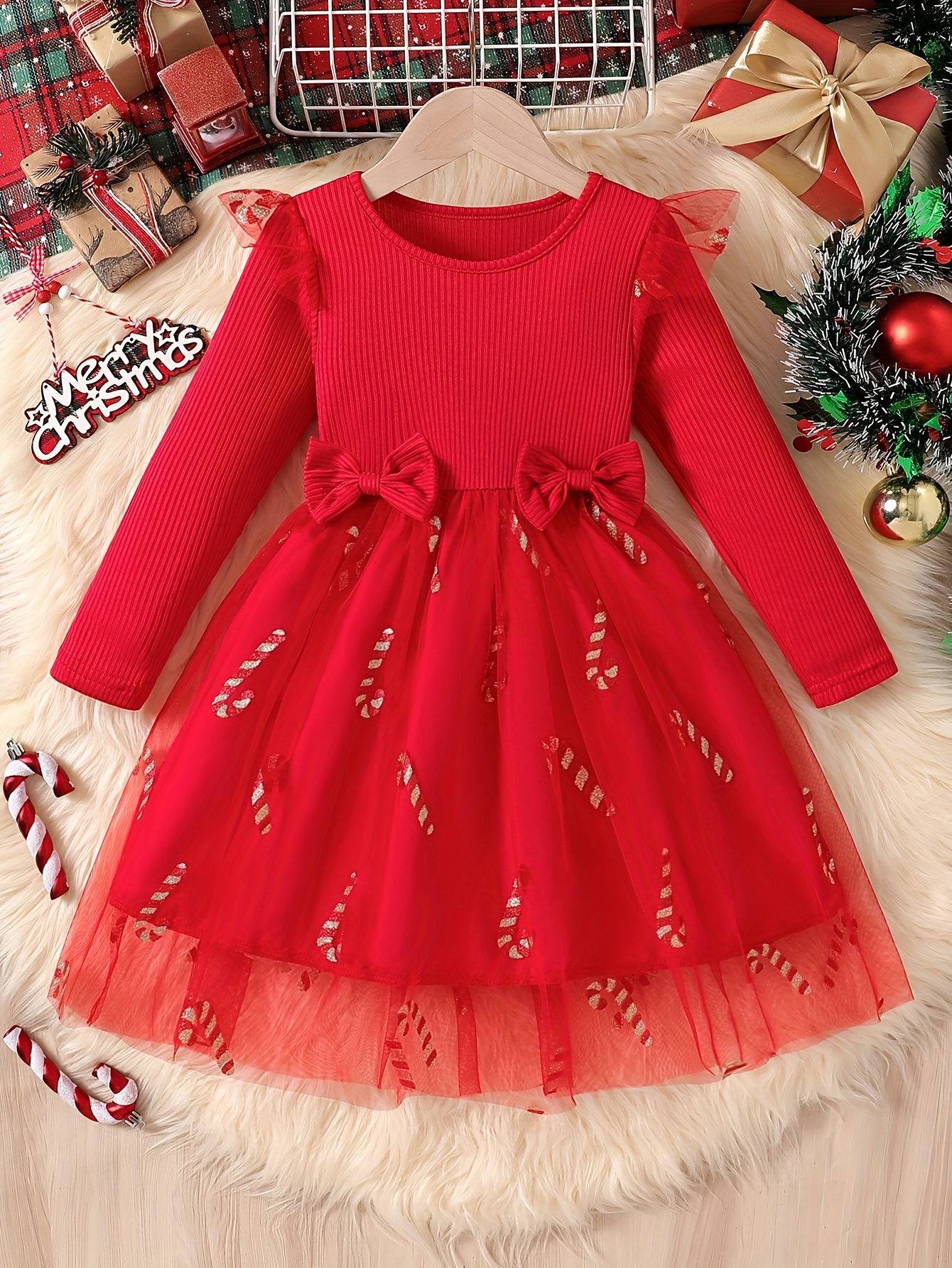 Girls Christmas Print Tulle Dress with Double Bows - 图片 2