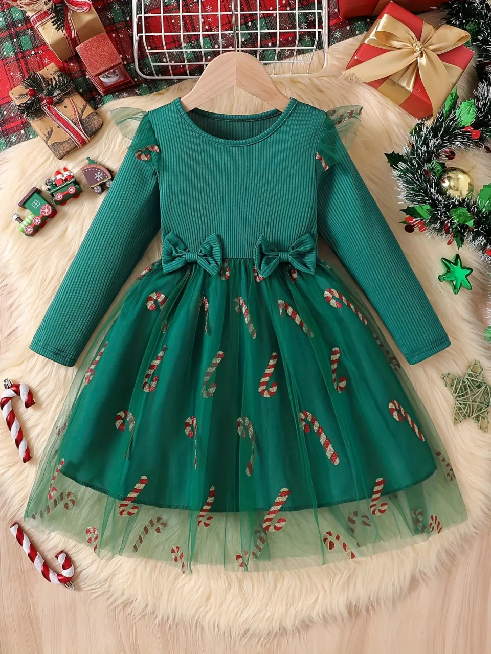 Girls Christmas Print Tulle Dress with Double Bows