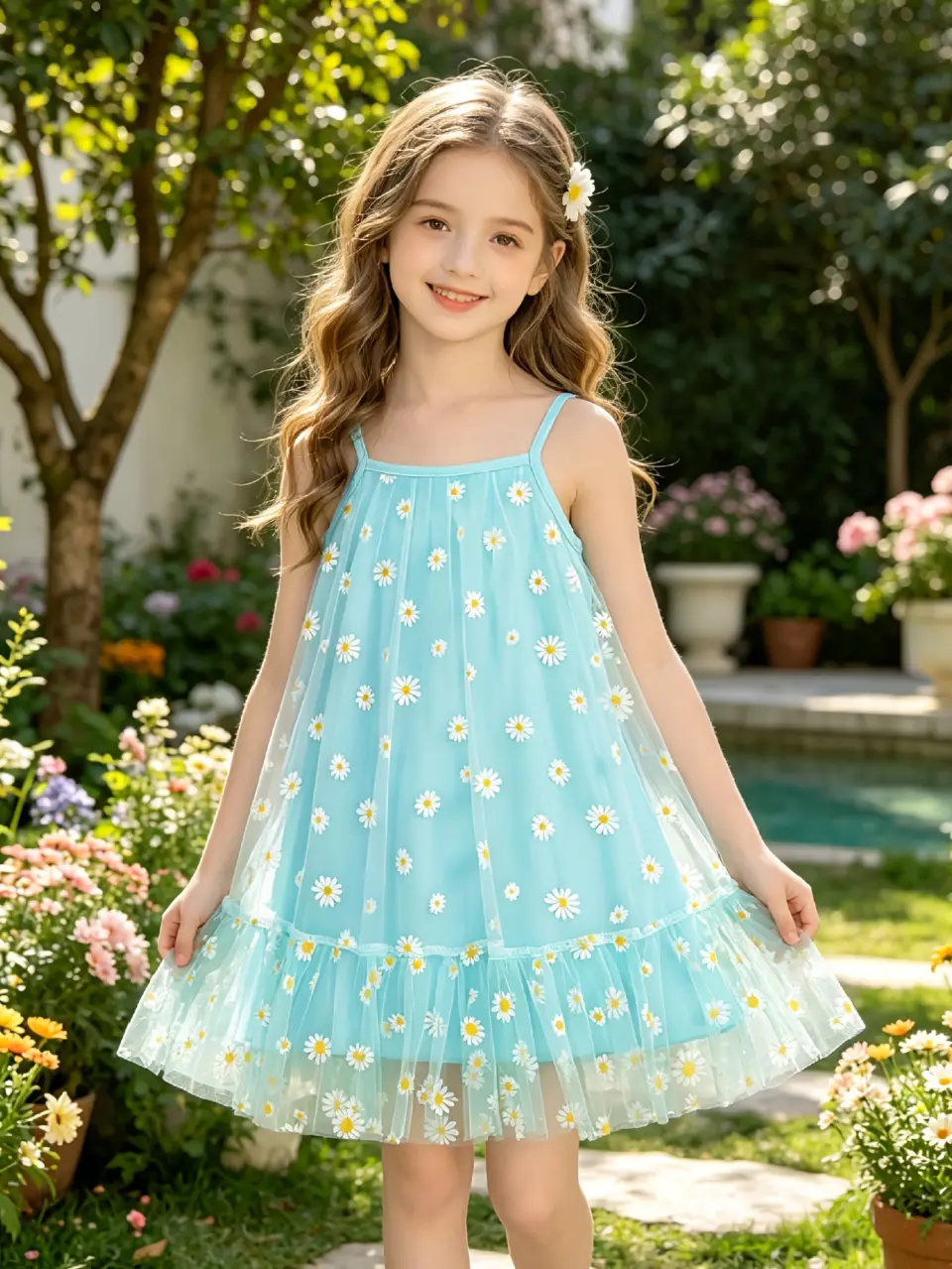 Girls Teal Daisy Mesh Sundress with Tulle Skirt
