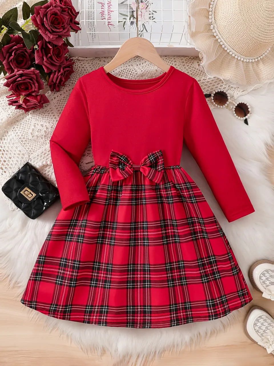 Girls Colorblock Plaid Print Dress with Center Bow
